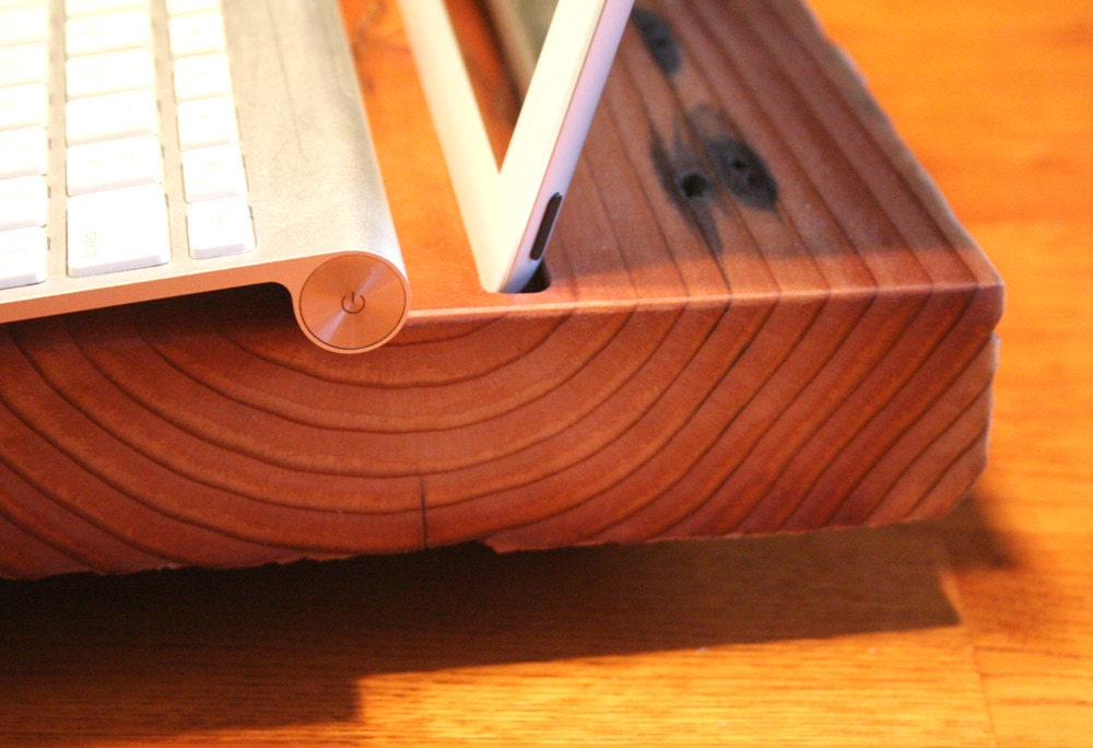 modern industrial iPad dock from reclaimed old growth wood and recycled-content steel round bar