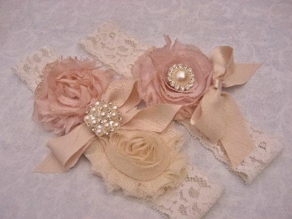 SALE - Bridal Garter Heirloom Rose Wedding Garter Set with Toss Garter Heirloom Rose and Tea Stained Ivory with Rhinestones and Pearls