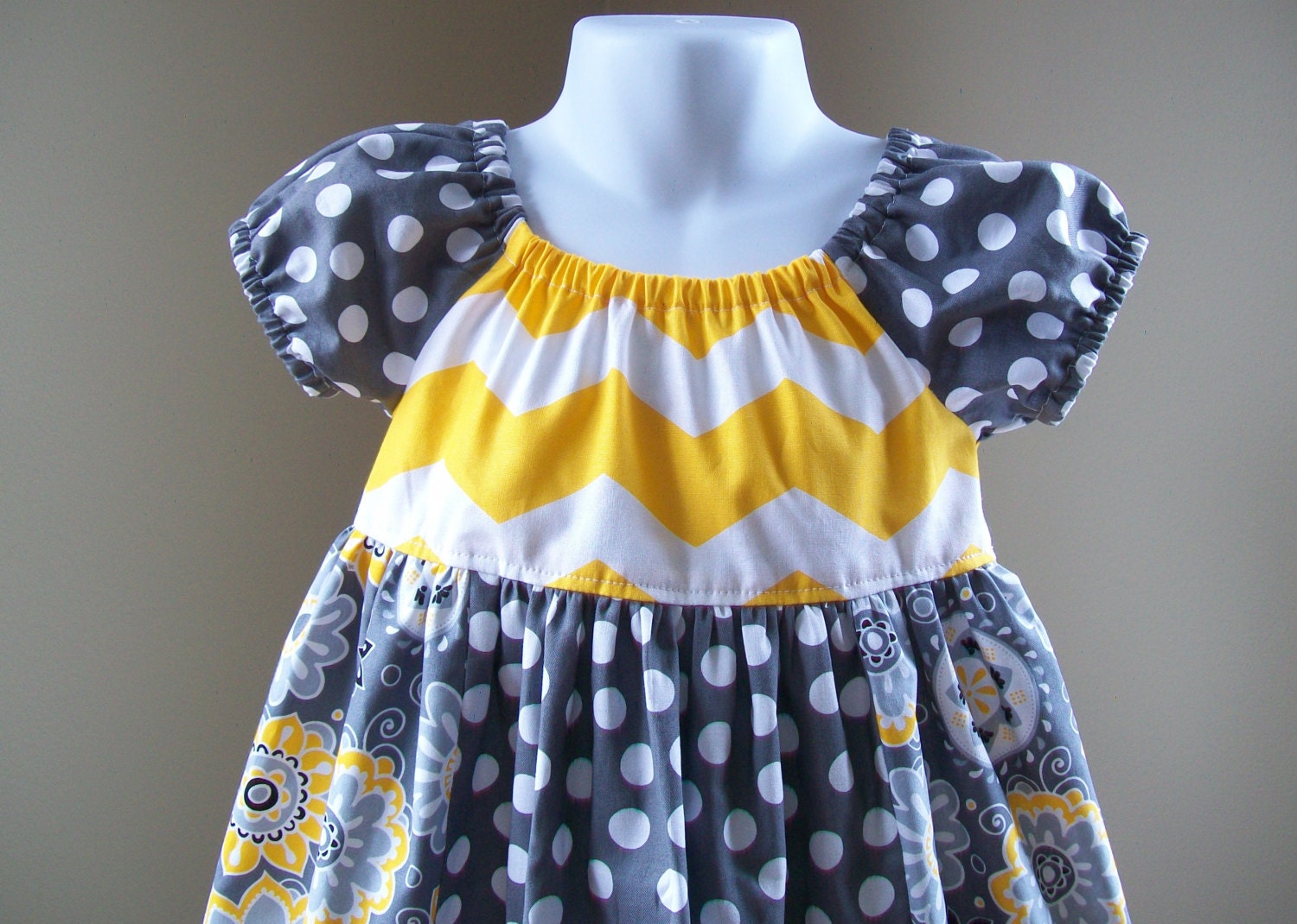 Girl's Infants Toddlers Peasant Dress - Yellow Chevron and Gray Floral