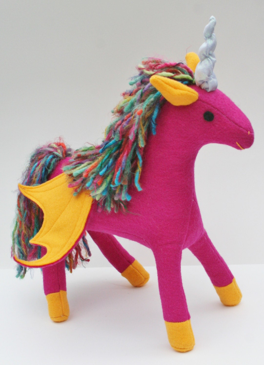 Stuffed Pegacorn, Candy Colors, Pink and Yellow with Rainbow Mane & Tail, Completely Handmade of Eco-fi Felt, Pegasus Unicorn Plush Toy