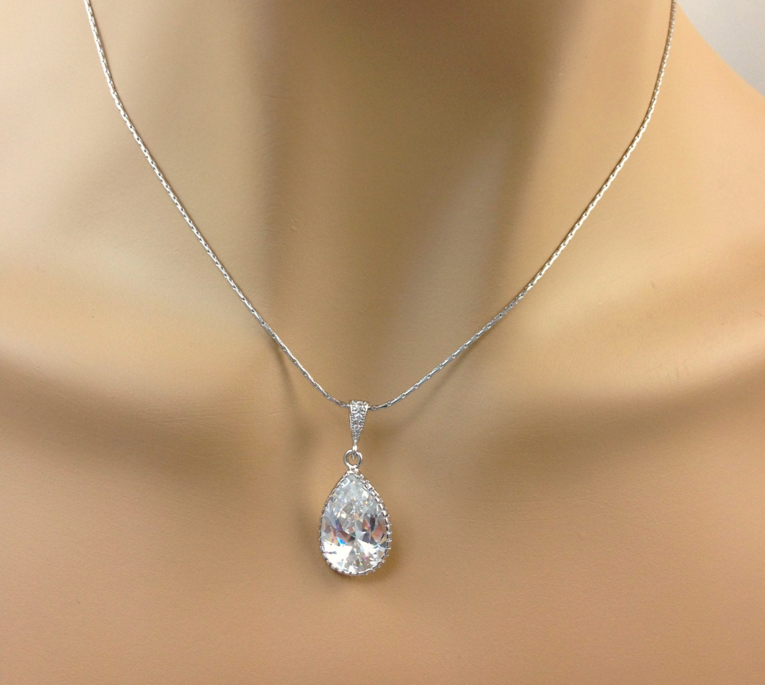Bridal Necklace Cubic Zirconia Teardrop Pendant Rhodium Plated Chain Vintage Bridal Necklace Bridesmaid Gift Wedding Jewelry (Large Version)