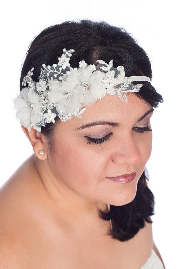bridal headpiece, ivory beaded lace headpiece with silk organza flowers - jeanette