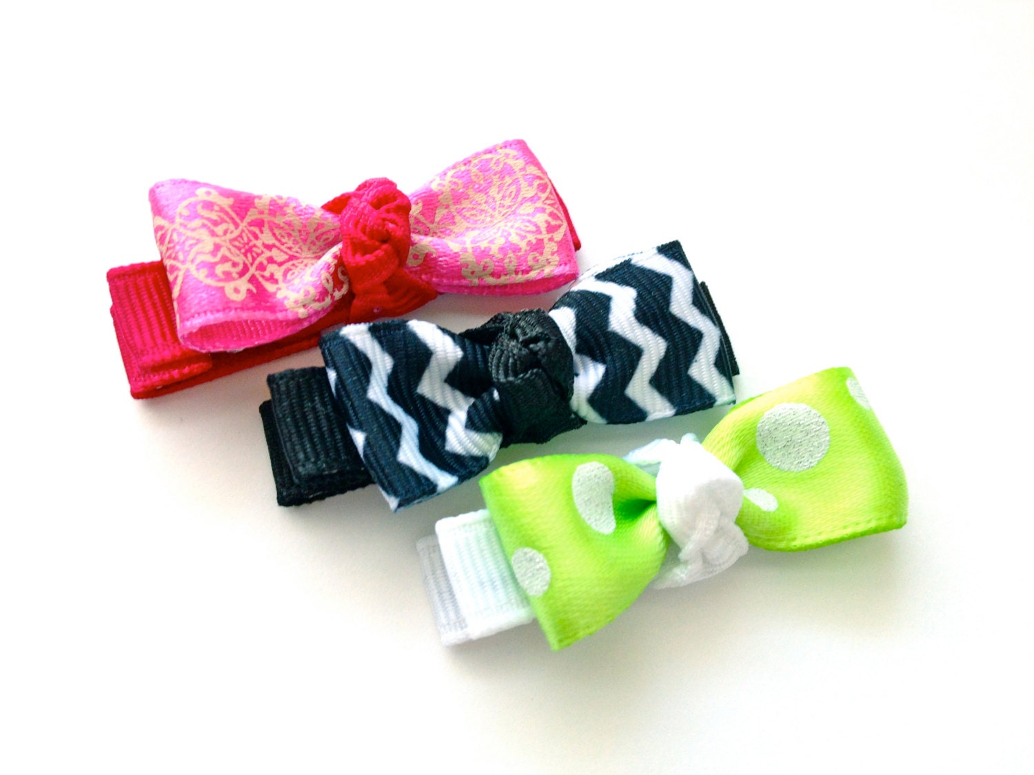 Little Miss Sassy Mini Tuxedo Bow Clips -- Hot Pink, Black and White Chevrons, Lime Green