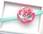 Shabby Chic Hand Sewn Flower Headband -- Elastic Headband with pink and aqua flower