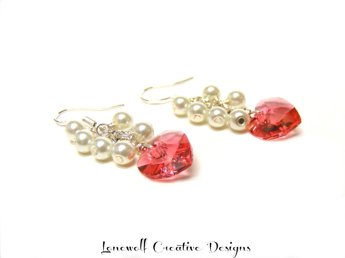 SALE......Indian Pink Swarovski Heart crystal & White Pearl Dangle Sterling Silver Earrings