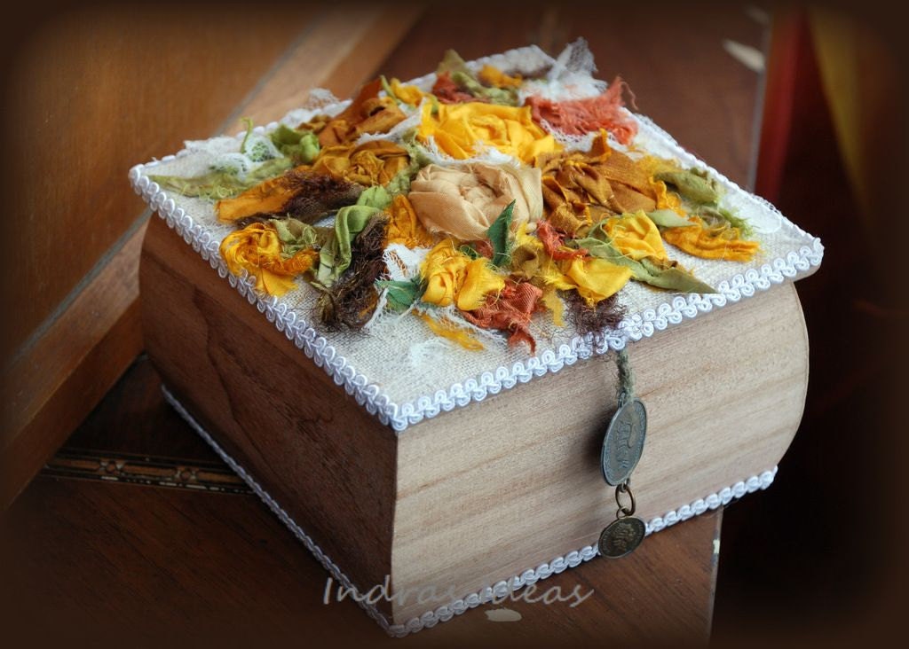 Wooden Jewelry Box-Keepsake Box with yellow roses embroidery.