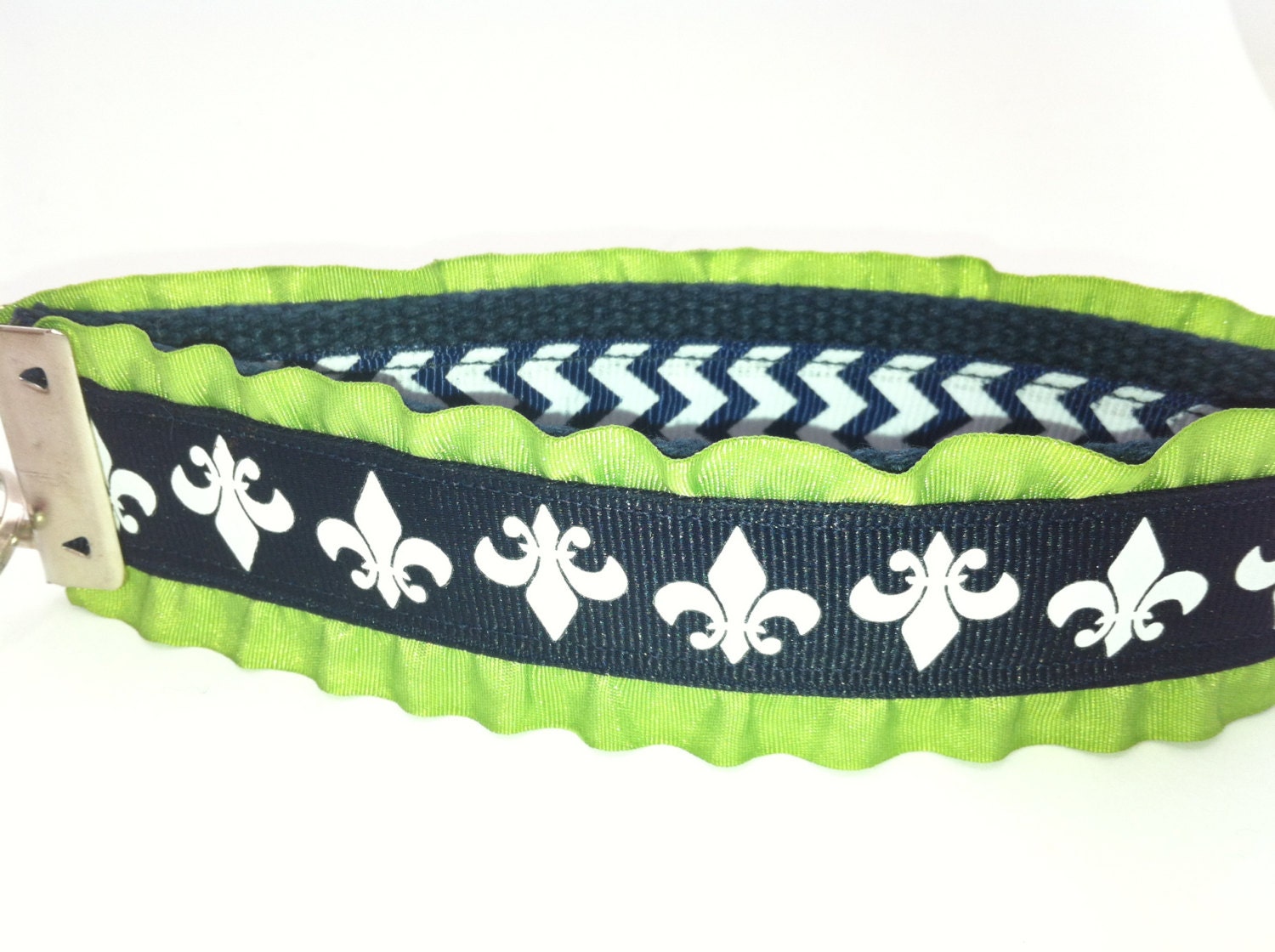 Fleur de lis Chevron Ruffle Wristlet Key Fob Navy and Green