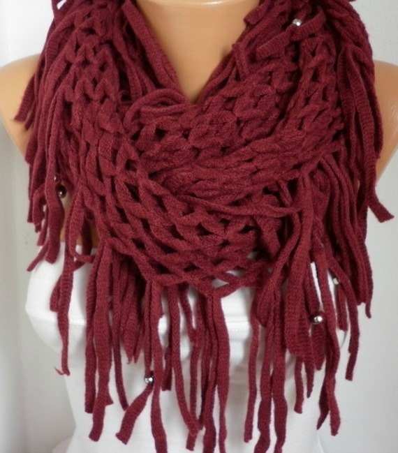 Burgundy Infinity Scarf Loop Scarf Circle Scarf Fabric Knitted Lace Scarf - Tube Scarf - fatwoman