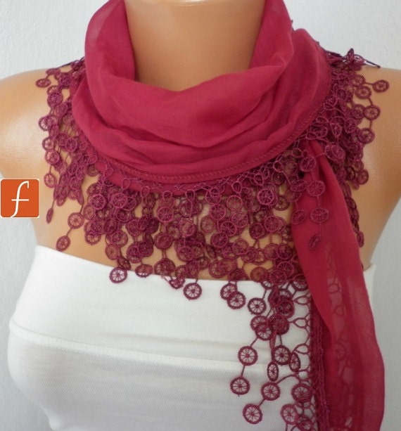 Burgundy  Scarf  - Cotton  Scarf -  Cowl with Lace Edge   - fatwoman