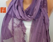 Purple Shawl Scarf - Cotton - Lace Scarf  Cowl -  Bridesmaid Gift, for her mom - fatwoman
