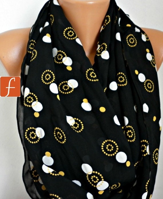 Black Infinity Scarf  Polka Dot  Circle Scarf Loop Scarf  Gift -fatwoman