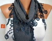 Gray Scarf  Shawl -  Pashmina Scarf  - Lace Edge - fatwoman - LOVE
