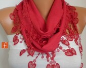 Red Scarf  -  Pashmina Scarf  -  Cowl Scarf with Lace Edge - fatwoman - LOVE - HEART