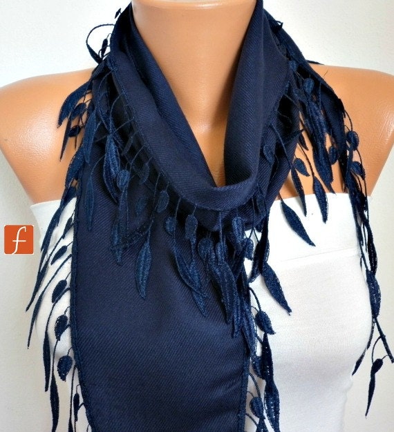 Dark  Blue Scarf  Pashmina Scarf  Cowl with Lace Edge  Indigo Gift for Her