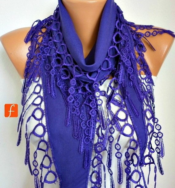Purple Scarf - Pashmina Scarf - Cowl Scarf with Lace Edge - fatwoman