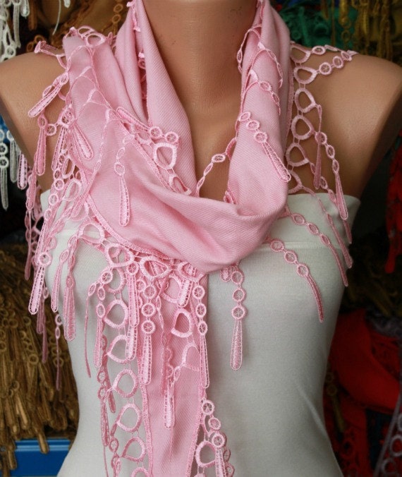 Pink Scarf -  Pashmina Scarf  - Cowl with Lace Edge