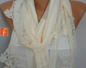 BIG SALE Pale Yellow  Shawl Scarf - Cowl Scarf Lace Scarf - Light Yellow - Bridesmaid Gift - for Her - Gift - mom - fatwoman