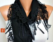 BIG SALE Black  Scarf - Pashmina Scarf - Cowl Scarf with Lace Edge - fatwoman - LOVE - Heart