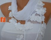 BIG SALE White Floral Scarf -  Cowl Scarf - Cotton Scarf - fatwoman - Bridesmaids Gifts