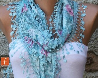 Cotton  Cowl Scarf - Shawl  with Lace Edge Blue - Multicolor
