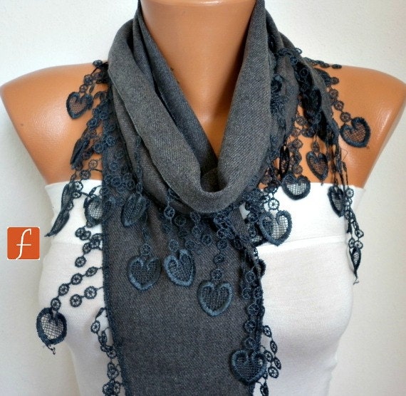 Gray Scarf  Shawl -  Pashmina Scarf  - Lace Edge - fatwoman - LOVE