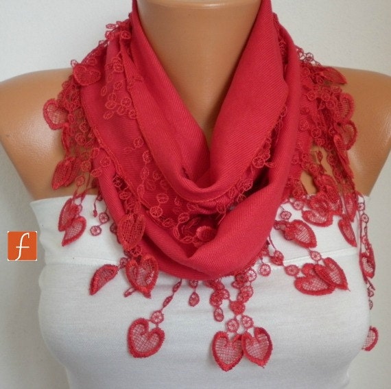 Red Scarf  -  Pashmina Scarf  -  Cowl Scarf with Lace Edge - fatwoman - LOVE - HEART