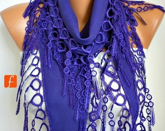 Purple Scarf - Pashmina Scarf - Cowl Scarf with Lace Edge - fatwoman