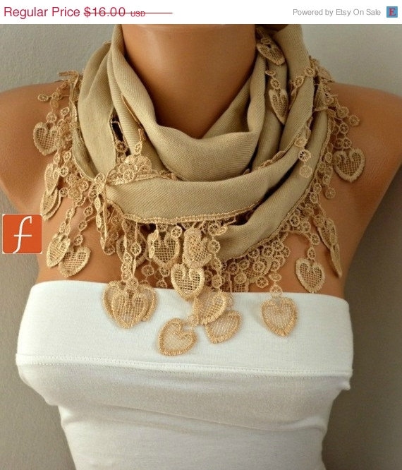 BIG SALE Camel Scarf  -  Pashmina Scarf  -  Cowl with Lace Edge - fatwoman