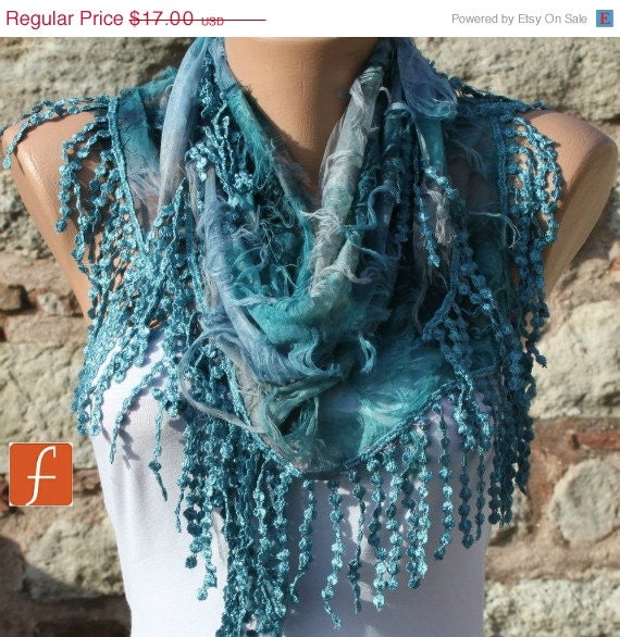 BIG SALE Blue Scarf - Cowl with Lace Edge - Fatwoman