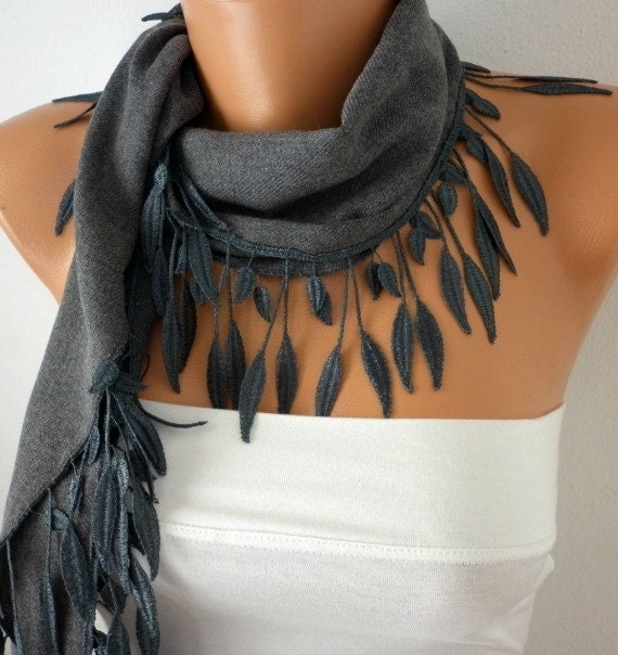 Gray Scarf  -  Pashmina Scarf  - Cowl Scarf  with Lace Edge    - fatwoman