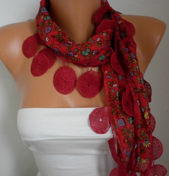 Red Scarf - Multicolor - Shawl - Cowl Scarf with Lace Edge - fatwoman