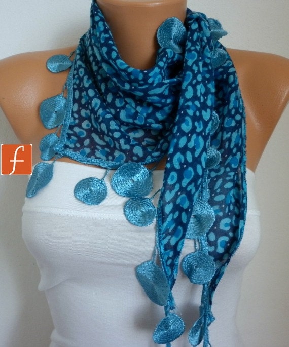 BIG SALE Blue Leopard Scarf Women Scarf Cowl Scarf with Lace Edge - fatwoman
