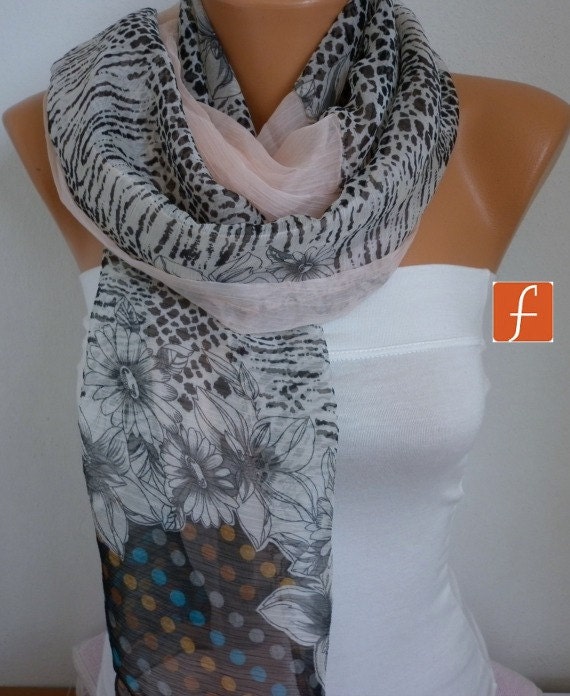Salmon Floral Big Bow Scarf - Shawl Scarf - Cowl Scarf - Spring Summer Scarf - fatwoman