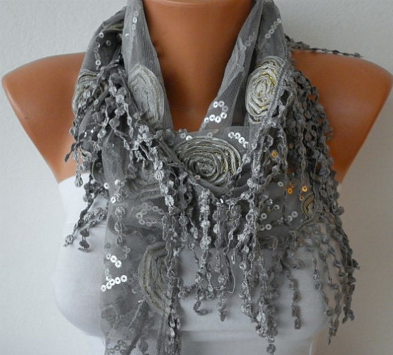 Gray Sequin Scarf - Cowl Scarf - fatwoman