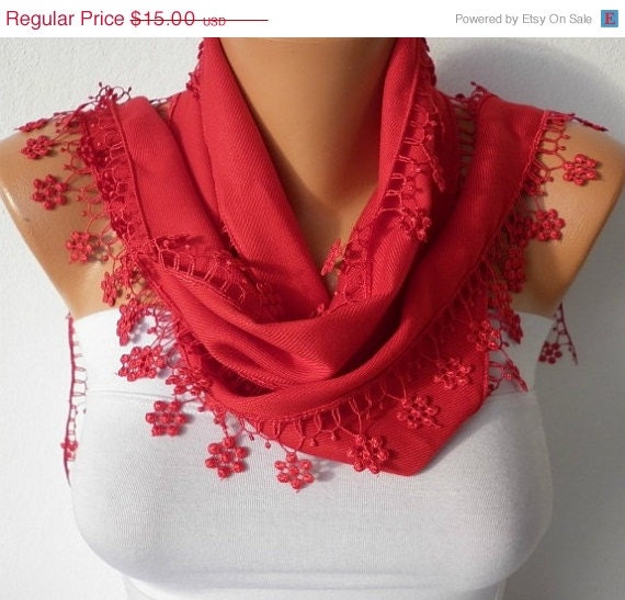 BIG SALE Red Scarf  -  Pashmina Scarf  -  Cowl with Lace Edge