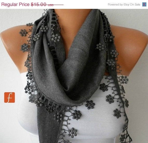 BIG SALE Gray Scarf  - Pashmina Scarf  -  Cowl with Lace Edge
