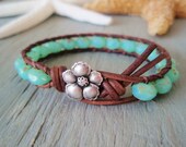 Beachy leather bracelet - Paradise - seafoam aqua sea green opal hibiscus tropical surfer beach boho summer
