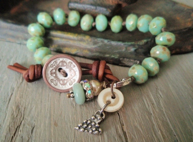 Mint green Knotted slashKnots slipKnot bracelet - Country Mint  - rustic seafoam blue green sterling silver heart pearl button boho chic