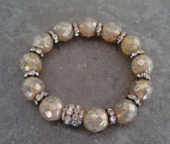Vintage rhinestone Stretch bracelet 'BYGONES - Beige Opal' eco chic stack bracelet metallic tan neutral luxe bohemian