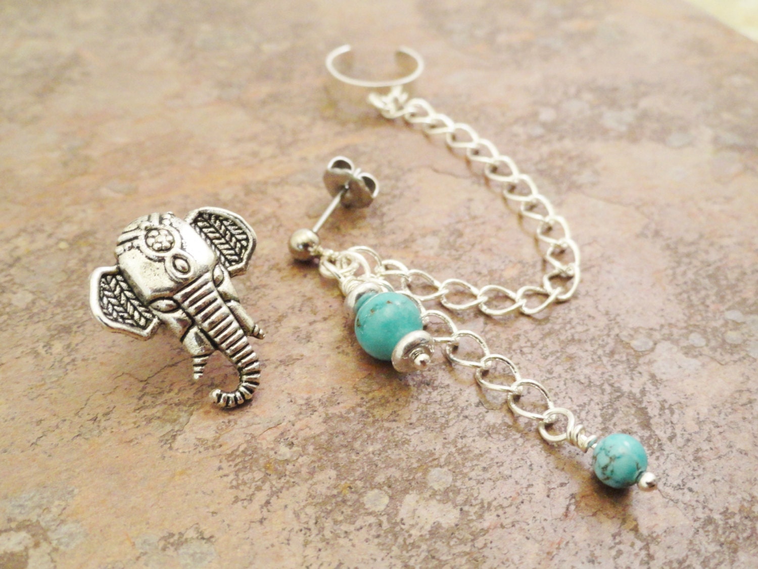 Asymetrical Elephant Earrings to Ear Cuff Beaded Turquoise Chain