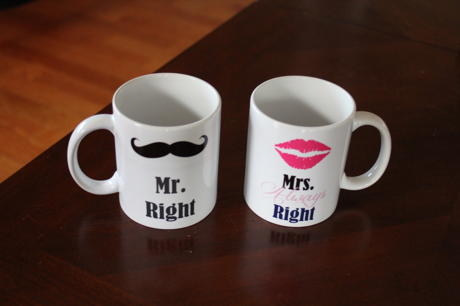 Mr. Right & Mrs. Always Right set of two coffee mugs for bride and groom or any couple. With lips and mustache..