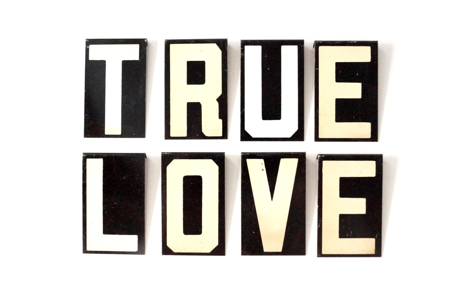 Vintage Metal Sign Letters "True Love" White on Black (2-1/2 inches tall) with Lip - Wedding Decor, Altered Art and More