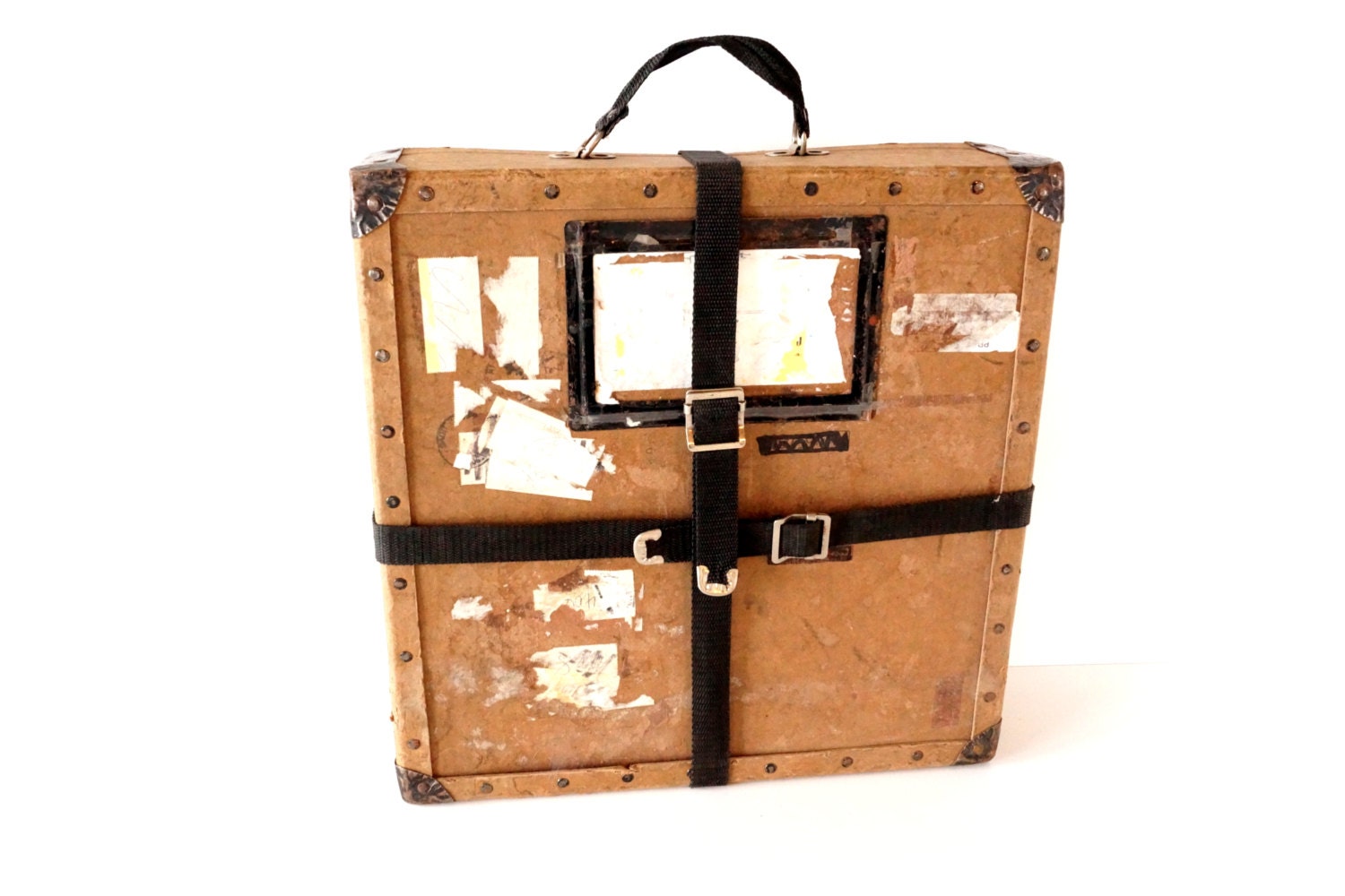 Vintage Film Reel Shipping Box with Canvas Straps, Large 16" x 4-1/2" (c.1960s) - Industrial Home Decor, Unique Storage Box