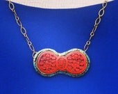 Vintage Cinnabar Necklace Filigree Enamel Brass Longevity Reclaimed