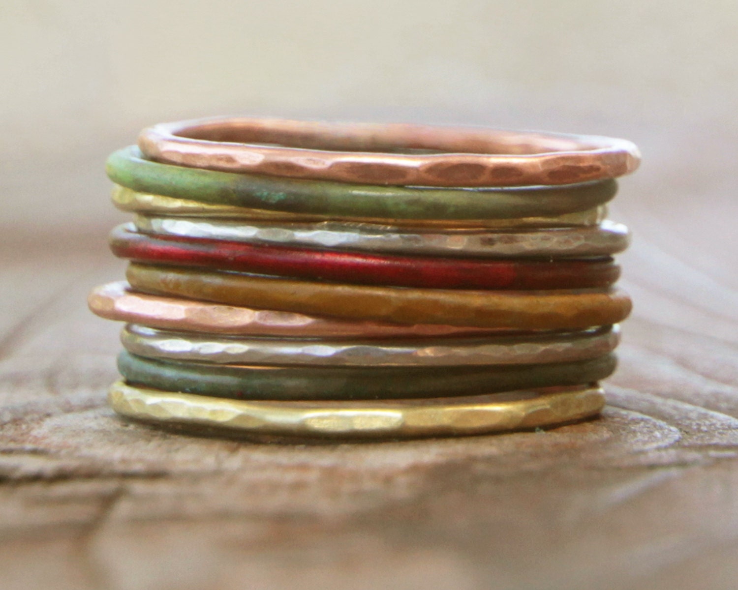 Stacking Skinny Rustic Rings Silver Gold Copper Patina Rings TEN Stacking Hammered Brushed Soldered Delicate Simple Chic Spring Fashion