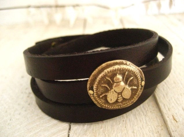 Three Wrap Leather Band Bracelet with Bee