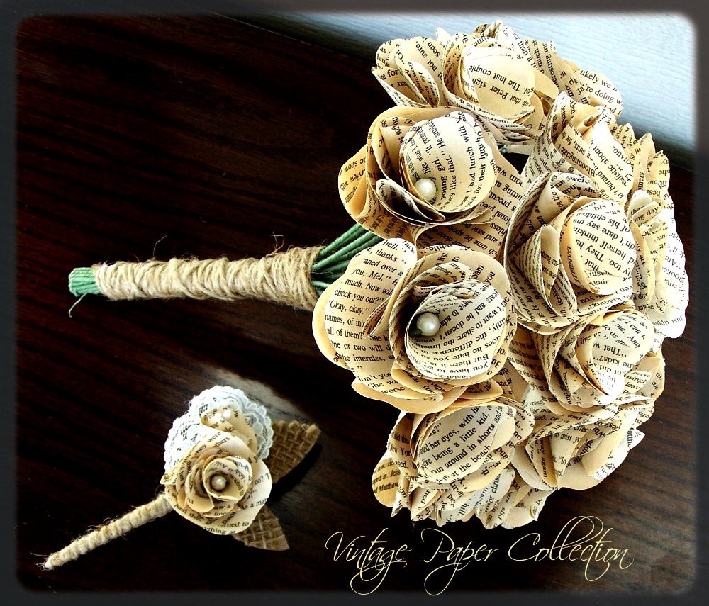 Book Page Bouquet - Book Page Boutonniere -Vintage Book Paper Flowers -Paper Roses -18 Paper Stem Roses -Eco Wedding
