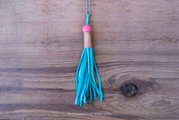LEATHER TASSEL necklace - turquoise / ready to ship