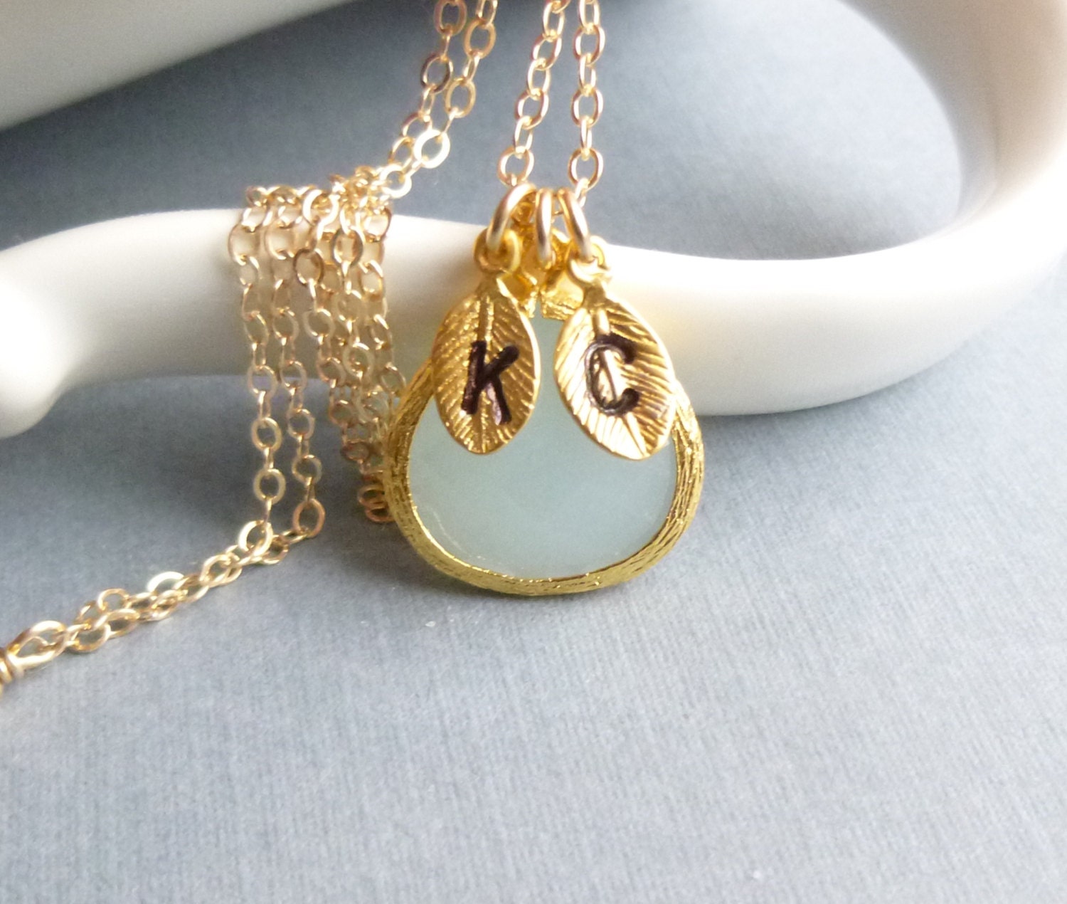 Milky Aquamarine Glass Stone Personalized Necklace with Two Initial Leaves on 14k Gold Filled Chain -- Sweetheart Charm w Gold Framed Bezel