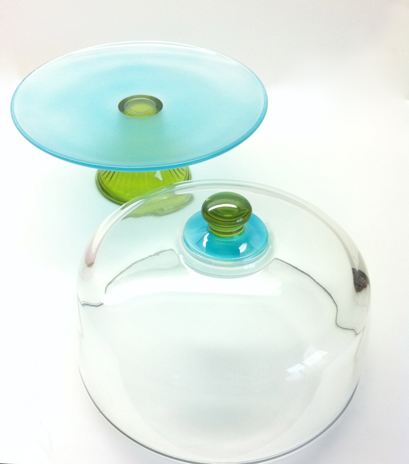Cake Stand and Dome in Frosted Aqua and Green